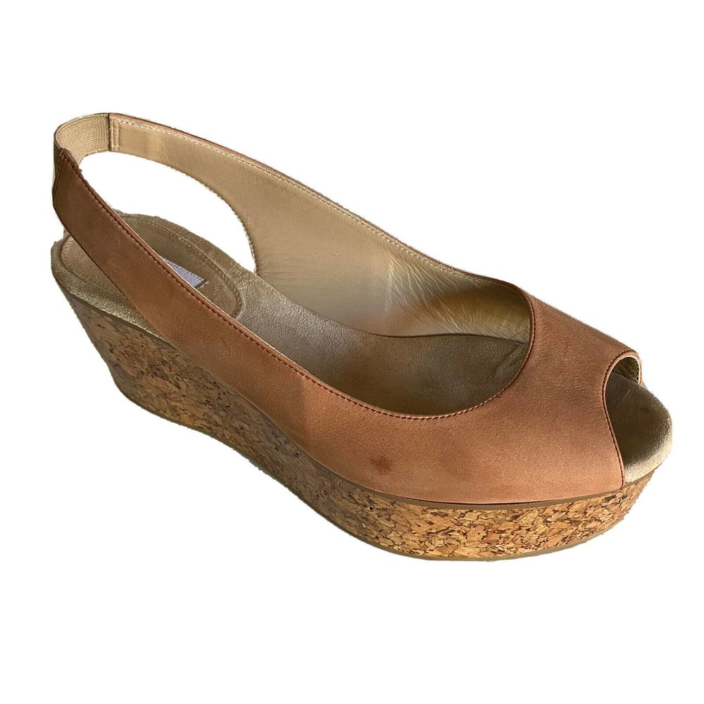 MaxMara Sandal Platform Peep Toe Tan Beige Nubuck Slingback Cork Wedge 37